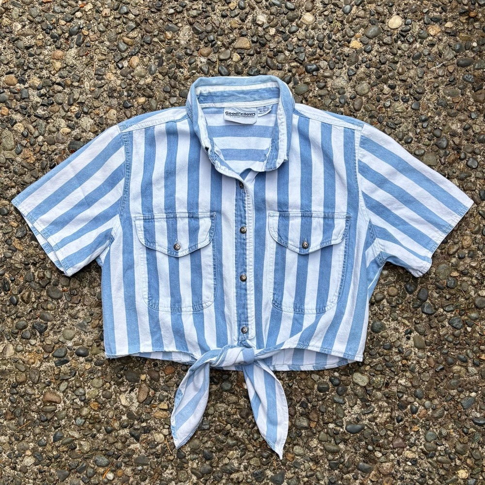Vintage 90s Blue and White Denim Tie Front Button Down Collared Shirt